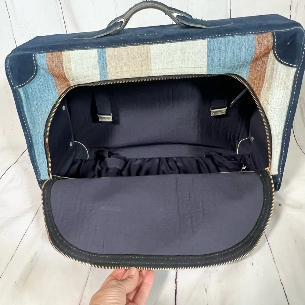 Vintage French Blue suede, striped fabric luggage, travel suitcase rare
